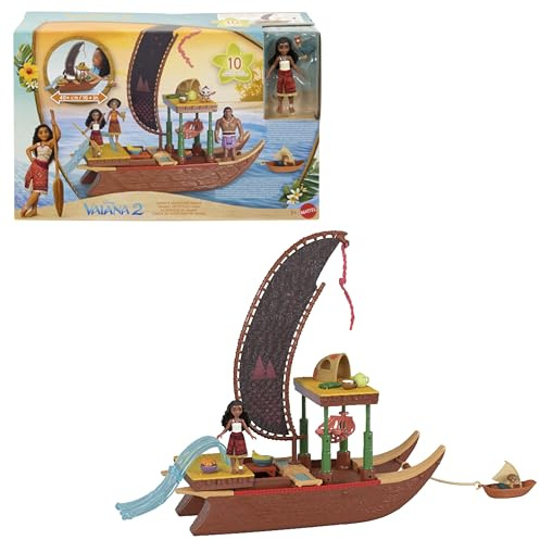Mattel Disney Oceania 2 - La Canoa delle Avventure di Vaiana, playset con mini bambola e canoa galleggiante, 10 accessori e 1 personaggio amico inclusi, giocattolo per bambini, marrone, 3+ anni, JBT78