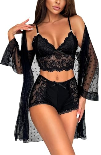 RSLOVE Ensemble de Lingerie Féminine Sexy - sous-vêtements en Dentelle Nuisette Femme Nuit 3 pièces avec Robe Noir M