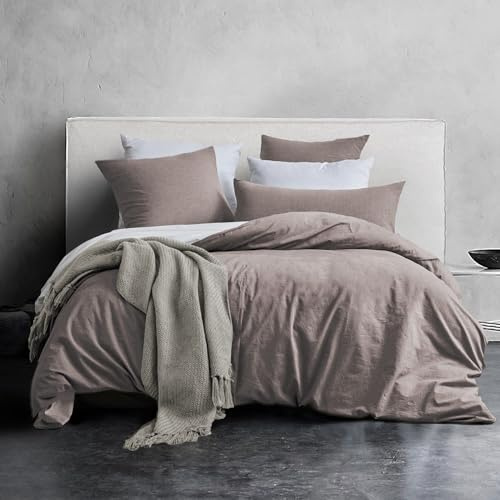 SOULFUL Housse de Couette 220x240 Coton, Café Foncé Ensembles de Housse de Couette avec Fermeture Éclair, 100% Coton Lavé, Texture Lin, Parure de Lit 220x240 Coton avec 2 Taie d'oreiller 65x65 cm