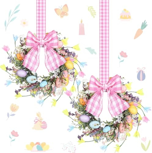 2 Pcs 9'' Mini Easter Wreath for Front Door Easter Eggs Sign Kitchen Cabinet wreaths Spring Daisy Wildflower Floral Flower Decorations with Ribbon Bow for Window Home Table Centerpiece Farmhouse Decor