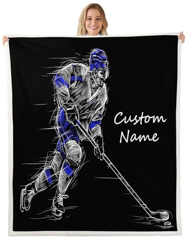 Ice Hockey Blanket Sports Theme Throw Blanket for Boys Teens Personalized Customize Name Fuzzy Blanket Sports Game Theme Customized Blanket Winter Sports Puck Athlete Silhouette Decor Blanket 60x80