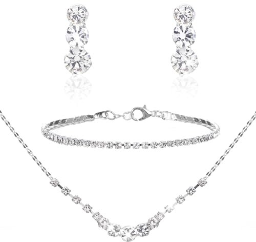 Gjinxi Silber Schmuck-Set für Frauen, Strass Halskette Armband Dangle Ohrringe Set, Kristall Braut Hochzeit Partei Schmuck-Sets für Braut Brautjungfer Formale Halloween Kostüm Zubehör
