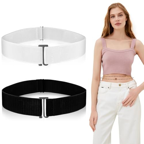 Nogeqi 2 Stück Elastischer Gürtel Damen, Unsichtbarer Damengürtel, Stretchgürtel Damen Taillengürtel mit Flacher Schnalle, No Show Elastic Belt Adjustierbarer für Kleid Jeans Hosen (Schwarz Weiß)