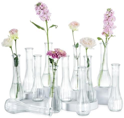 NUPTIO Floreros de Cristal para Flores de Boda: 12 Piezas 21,7cm Alto Florero Pequeño para de Centro de Mesa - Florero Decorativo Estriado para Fiesta Inauguración Casa Decoración