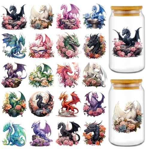 Eiapadeor Dragon Rub on Transfer Stickers - 20 Sheets Dragon UV DTF Cup Wraps, Fantasy UVDTF Wraps, Waterproof Rub on Decals for Glass Cups Mug Tumbler, DIY Transfer Crafts