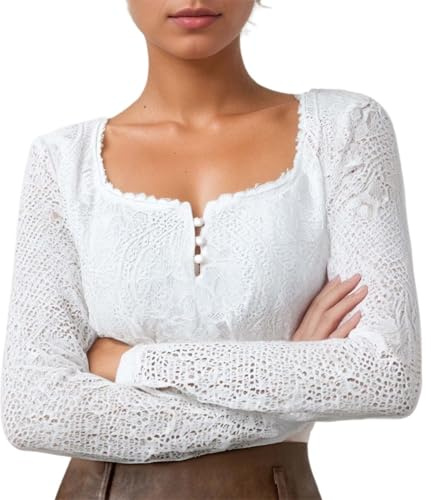 Kelandoom Dirndl Blouse Femme Blanche,Transparent Chemisier Femmes Long Costume Oktoberfest Blanche Manches Longues Chic Et Élégant pour Fête De La Bière Fête de la Bière