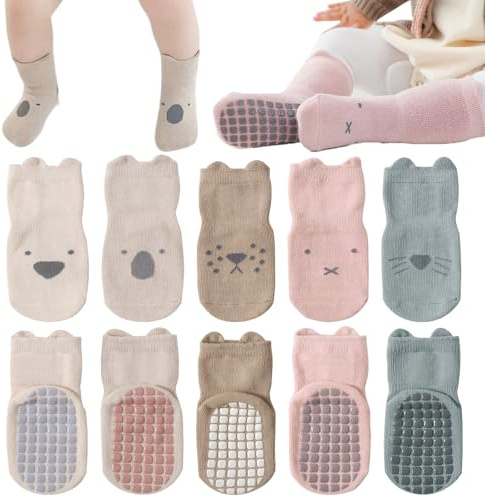 VEGCOO 5 Pares de Calcetines Antideslizantes para Bebé Niño Niña, Calcetines Antideslizantes de Algodón con Estampado de Animales de Dibujos Animados para Niño Niña 1-3 años (B)