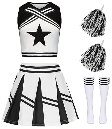 XFOZDM Deguisement Cheerleader Fille Deguisement Pompom Girl Enfant Costume Pom Pom Girl Fille Tenue de Pompom Uniforme avec Bandeau Pompons et Chaussettes pour Carnaval Halloween Fête Noir 160