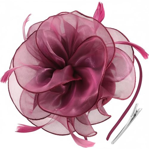 DRESHOW Femmes Fascinator Chapeau Fleur Mesh Plume Mariage Dames Day Bandeau et Clip Cocktail Tea Party Chapeau