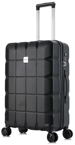 ATX Luggage Medium Suitcase on 4 Dual Spinner Wheels Super Lightweight ABS Hard Shell Hold Check in with Built-in TSA Lock (Black, 65Liters)