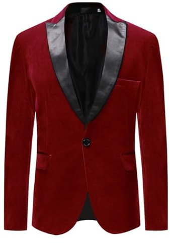 Mens Suits Blazer Slim Fit Velvet One Button Suit Tuxedo Jacket , Red, M