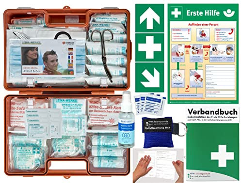 Verbandskoffer/Verbandskasten (G) Typ CN -Komplettpaket- Erste Hilfe nach AKTUELLER DIN 13169 für Betriebe INKL. Verbandbuch + Hygiene-Gel & Notfallbeatmung + AUSHANG + AUFKLEBER