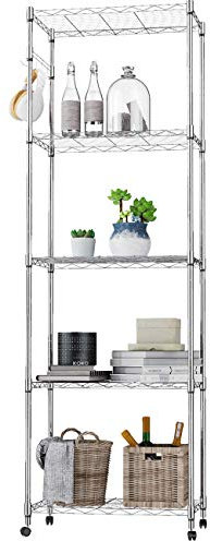 Scaffalatura in Filo su rotelle, Scaffale a 5 Ripiani, Scaffali in Metallo, Portaoggetti in Metallo per Garage, Ufficio, Bagno, Cucina, Regolabile in Altezza, Max Portata 220 kg, 59x 35x183cm