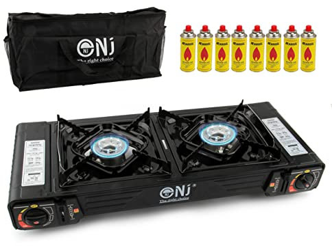 NJ DS-22 Double Camping Stove - 2 Burner Portable Gas Cooker (8 Canisters)