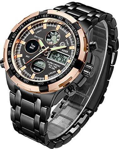 Affute Armbanduhr für Herren, Schwerer Chronograph aus Edelstahl, wasserdicht, mit Datums- und Alarmfunktion, Analog-/Digitalanzeige (Roségold Schwarz)
