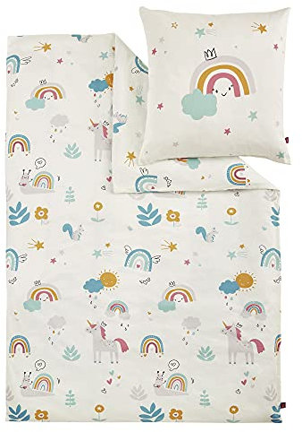 s.Oliver Kinderbettwäsche Einhorn 100x135 cm - 100% Baumwolle, praktischer Reißverschluss & maschinenwaschbar, Bettwäsche für Kinder Regenbogen 2tlg. bunt