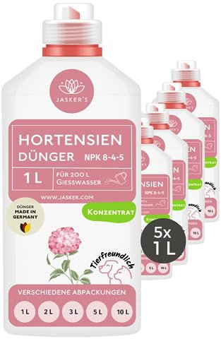 Hortensiendünger flüssig 5 Liter (5x1L) - 100% Turbo Schnelldünger mit Guano - Flüssiger Organischer Hortensien Dünger - Flüssigdünger für Hortensien im Kübel & Freiland - Dünger Hortensien