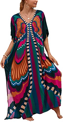 sunforyou Kaftan Dresses for Women Plus Size Lightweight Swimsuit Cover up Batwing Sleeve Print Loungewear Beach Robe, Butterfly, One Size
