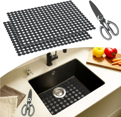 Spülbeckeneinlage, 2 Stück Spülbeckenmatte Zuschneidbar für Edelstahl & Keramikspülen, 40x30cm Einlage Spüle mit Schere, Leicht zu Reinigen, Rutschfest, Schwarz