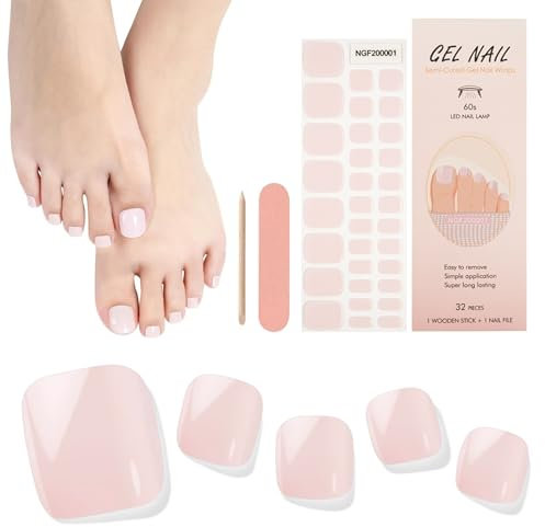 DMQ Semi Cured Gel Nail Strips - 32 Pcs Soft Self-Adhesive Toe Nail Wraps, Light Pink Toenail Stickers, Long Lasting Polish Strips Manicure Set - Easy Apply & Remove DIY Toe Nails