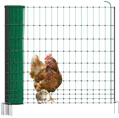 VOSS.farming Geflügelnetz 50m 122cm hoch BASIC Hühnerzaun nicht elektrifizierbar, 14 stabile Pfähle mit Doppelspitze, grüner Geflügelzaun, flexibler Zaun, mobiler Begrenzungszaun für Hühner, Haustiere