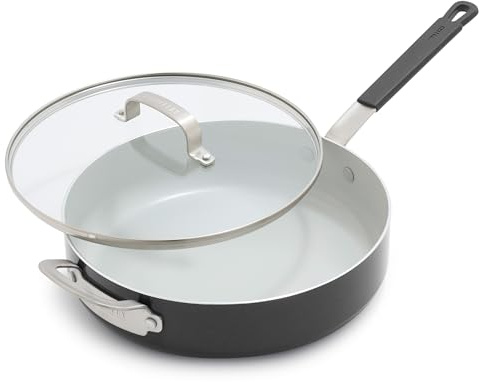 GreenPan x Bobby Flay 4.5QT Nonstick Saute Pan with Glass Lid, PFAS-Free Diamond Ceramic, Induction Suitable, Stay-Cool Silicone Handle, Easy Clean Dishwasher & Oven Safe, Graphite
