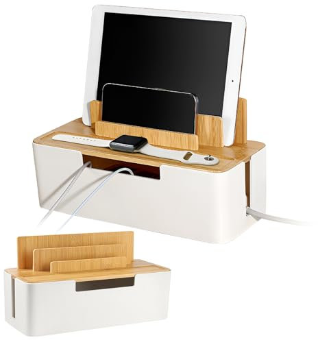 Gohytal Kabelbox Weiß, Kabelmanagement Box mit Bambusdeckel, Kabelbox zur ordentlichen Aufbewahrung und Organisation von Kabeln und Steckdosenleisten, ideal für Smartphones, Tablets und Router