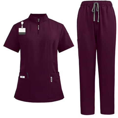 Meichoon Women's Medical Care Uniform Stand-up Zipper Syle Top with Four Pockets Drawstring Stretch Yoga Pants Soft and Quick-drying DK50Wine Red S