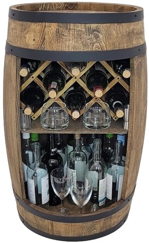 Rustik trätunna med vinhållare och skåp för hem 80 x 50 cm minibar för whisky perfekt vinfat möbelbit