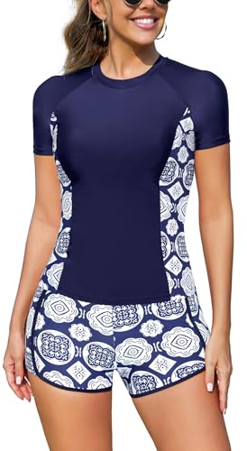 SHEKINI Rash Guard Set 2 Pièces Maillot de Bain Rashguard Imprimé Floral T-Shirt à Manches Courtes Shorts de Sport pour Surf Natation Séchage Rapide