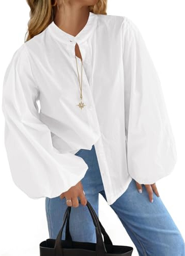 Tankaneo Womens Lantern Sleeve Button Down Shirts Oversized Mock Neck Blouse Trendy Casual Loose Fit Cotton Tops White