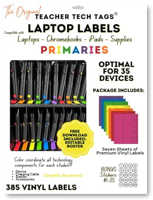 Classroom Color Coded Chromebook Laptop Labels for Student Classroom Devices in Primary Colors (Primaries, Qty for 35 Devices)