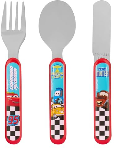 Disney Cars - Juego de cubiertos de 3 piezas para niños, incluye cuchillo, tenedor y cuchara, hechos de plástico ABC duradero y acero inoxidable, cuenta con Lightening McQueen, adecuado para mayores