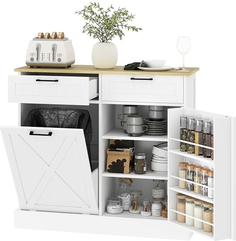 HOMCOM Sideboard with Tilt-out Trash Bin, 2 Drawers, Farmhouse, White | Kitchen Sideboard, Adjustable Shelves, Door Racks, Wood-effect Top, Freestanding Storage Cabinet, Dining Room