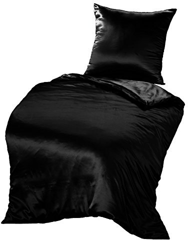 THXSILK Seidenbettwäsche Set 2 teilig, Bettbezug 135 x 200 cm und 80 x 80 cm Kissenbezug, Hypoallergen 19 Momme Maulbeerseide Bettwäsche, Ultra Weich und Glatt, Schwarz