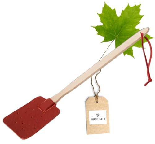 HOFMEISTER® Fliegenklatsche aus Ahorn und Leder, rote und formstabile Fliegenpatsche, Mückenschläger Klatsche zum Fliegen und Insekten fangen, 46 cm
