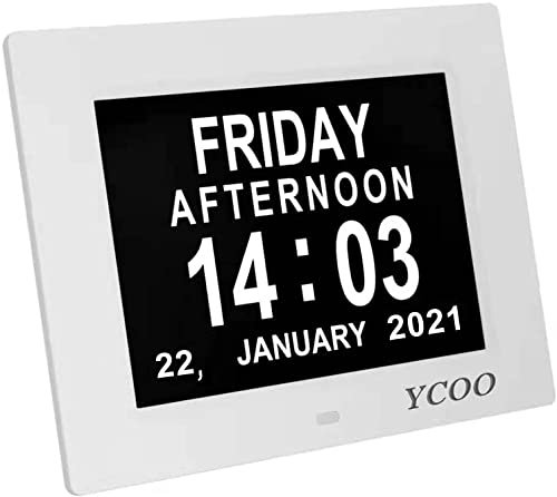 YCOO Dementia Clock, Day Date Digital Clock with Sun/Moon Icons, Large Clear Digital Display, Auto DST, 7 Display Modes, Wired Power Supply Clocks. (7 Inch White)