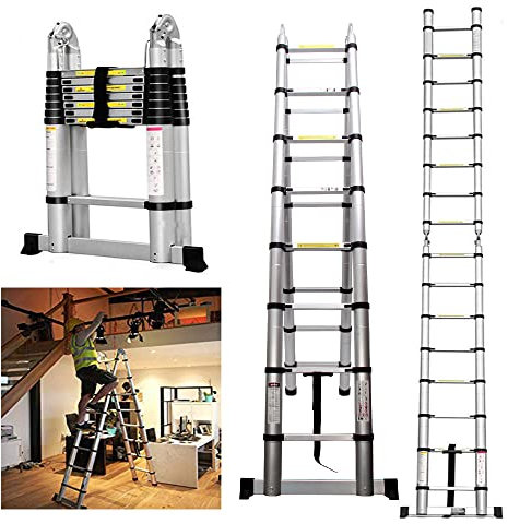 Telescoping Extension Ladder 5M A-Frame 2.5M+2.5M Multi-Purpose Folding Step ladders for High Wall Cupboards Shelves Wall Bookshelf Decoration Cabinet Use with EN131