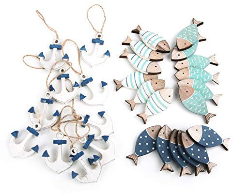 Kit de décoration poisson et ancre, 28 pièces : petites ancres en bois à suspendre, mini poissons, décoration maritime, décoration de table, décoration de salle de bain maritime, décoration en bois