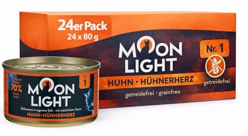 Moonlight Premium våtfoder för katter | kornfritt recept | delikatess i egen juice | mycket köttinnehåll | (nr 1 kyckling och kycklinghjärta – 24 x 80 g)