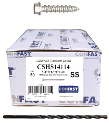 CONFAST 1/4 x 1-1/4 Concrete Screws 410 Stainless Steel Hex with Concrete Drill Bit for Anchoring to Masonry, Block or Brick (50 per Box)