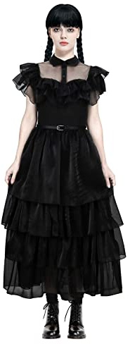 Robe de danse noire Mercredi Addams pour femmes et filles – costume gothique en tulle et dentelle pour fête d'Halloween (adulte, taille XL)