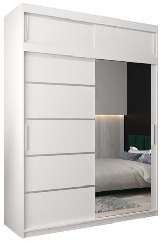 MEBLE KRYSPOL Kleiderschrank mit Spiegel Verona 2 - Garderobenschrank - Schrank Schlafzimmer - Mehrzweckschrank Zwei Schiebetüren - Regalen - Flur Möbel - Kleiderstange Schrank - Allzweckschrank