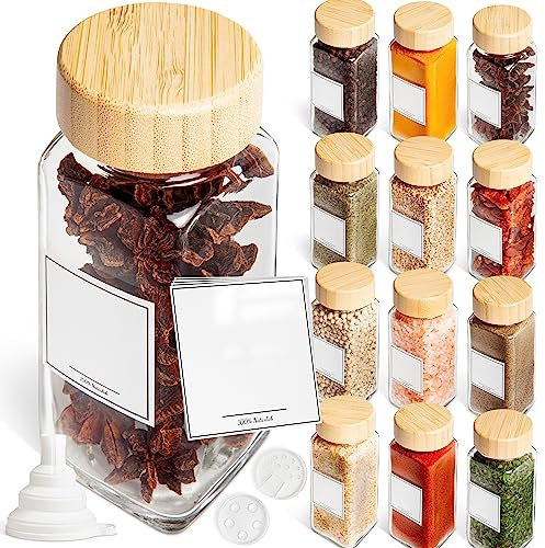 Greeano Lot de pots à épices avec couvercle en bois [12 x 120 ml] – Lot de boîtes à épices en verre avec insert saupoudreur – Récipient pour épices