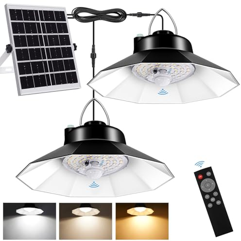 Aqonsie Solar Shed Lights Indoor Outdoor Dual Solar Pendant Daytime Work Lights with 3 Colors Temperature & 5 Lighting Modes+2 Timers, 1200LM Solar Motion Indoor Lights with Remote for Gazebo Barn