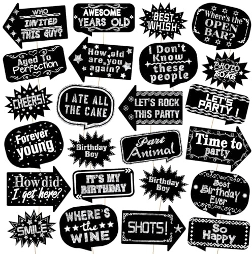 Outus 24 Pieces Photo Booth Props Birthday with Stick Happy Birthday Weddings Graduation Prom Bday Wedding New Year Party Supplies Funny Photo Booth Pose Signs Selfie for Men Women(Silver)