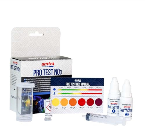 Amtra Pro NO3-test - NO3-test för akvarier, enkel och snabb kvalitetskontroll av nitrater för söt- och saltvatten, med referensskala, upp till 60 tester