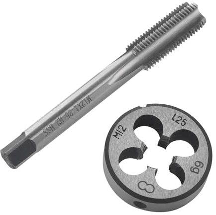 Gewindeschneid M12 x 1.25mm, HSS Gewindebohrer und Schneideisen Set, Rechtsgewinde Feingewinde Schneider, Gerade Geriffelt Gewindeschneider