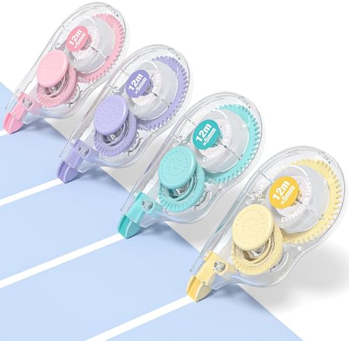 Four Candies Correction Tape, 4Pcs Large Capacity White Out Tape Roller | Pocket Mouses, Tear-Resistant, Smooth & Quick-Drying Tape for Office & School Supplies, Colorful, 12m x 5mm