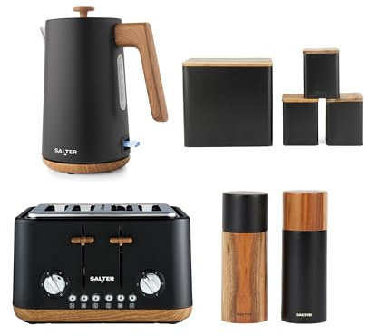 Salter Toronto 8-Piece Countertop Set – 1.7L Rapid Boil Kettle, 4-Slice Toaster, Tea, Coffee, & Sugar Storage Canisters, Large Bread Bin, Salt & Pepper Mill Set, Black/Wooden Accents